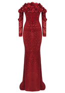 Panya Long Sleeve Floral Sequin Maxi Dress In Red
