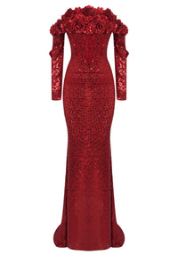 Panya Long Sleeve Floral Sequin Maxi Dress In Red