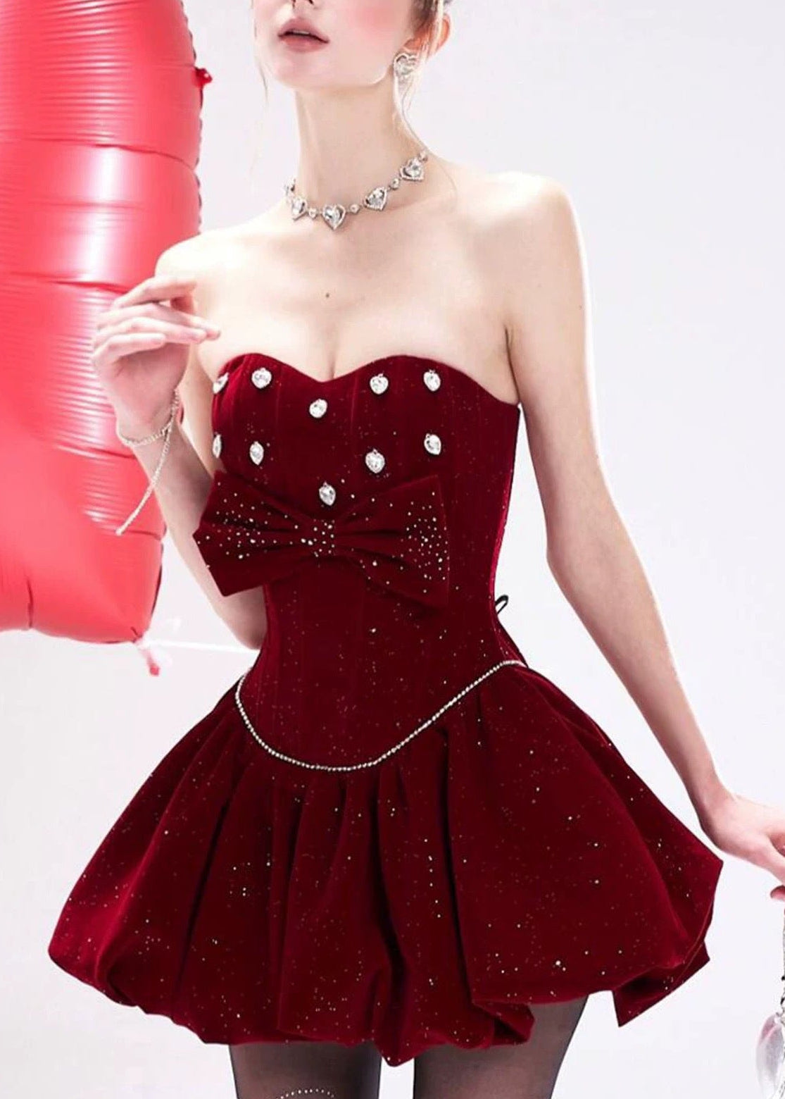 Altilde Strapless Sparkly Corset Bubble Velvet Mini Dress