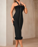 Lenah Halter Mesh Ruffle Midi Dress In Black