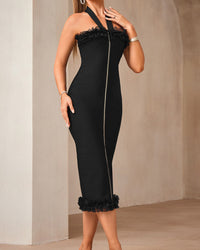 Lenah Halter Mesh Ruffle Midi Dress In Black