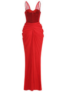 Cazmir Velvet Bustier Draped Maxi Dress In Red