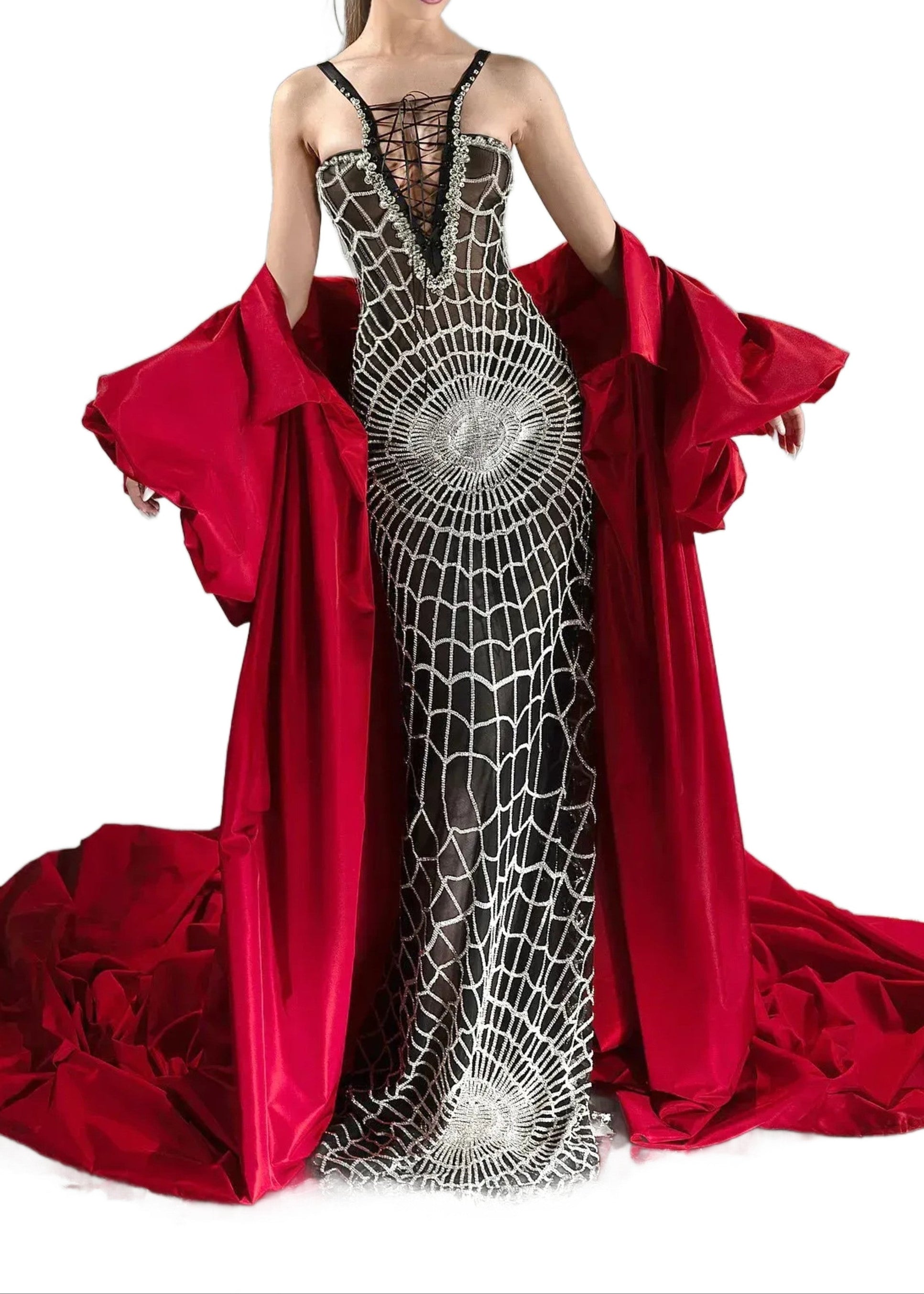 Coralyn Lace Up Sequin Maxi Dress In Black Silver