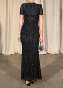 Maelthas Short Sleeve Crystal Mesh Maxi Dress In Black