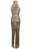 Ogima Halter Crystal Sequin Maxi Dress In Gold