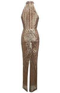 Ogima Halter Crystal Sequin Maxi Dress In Gold