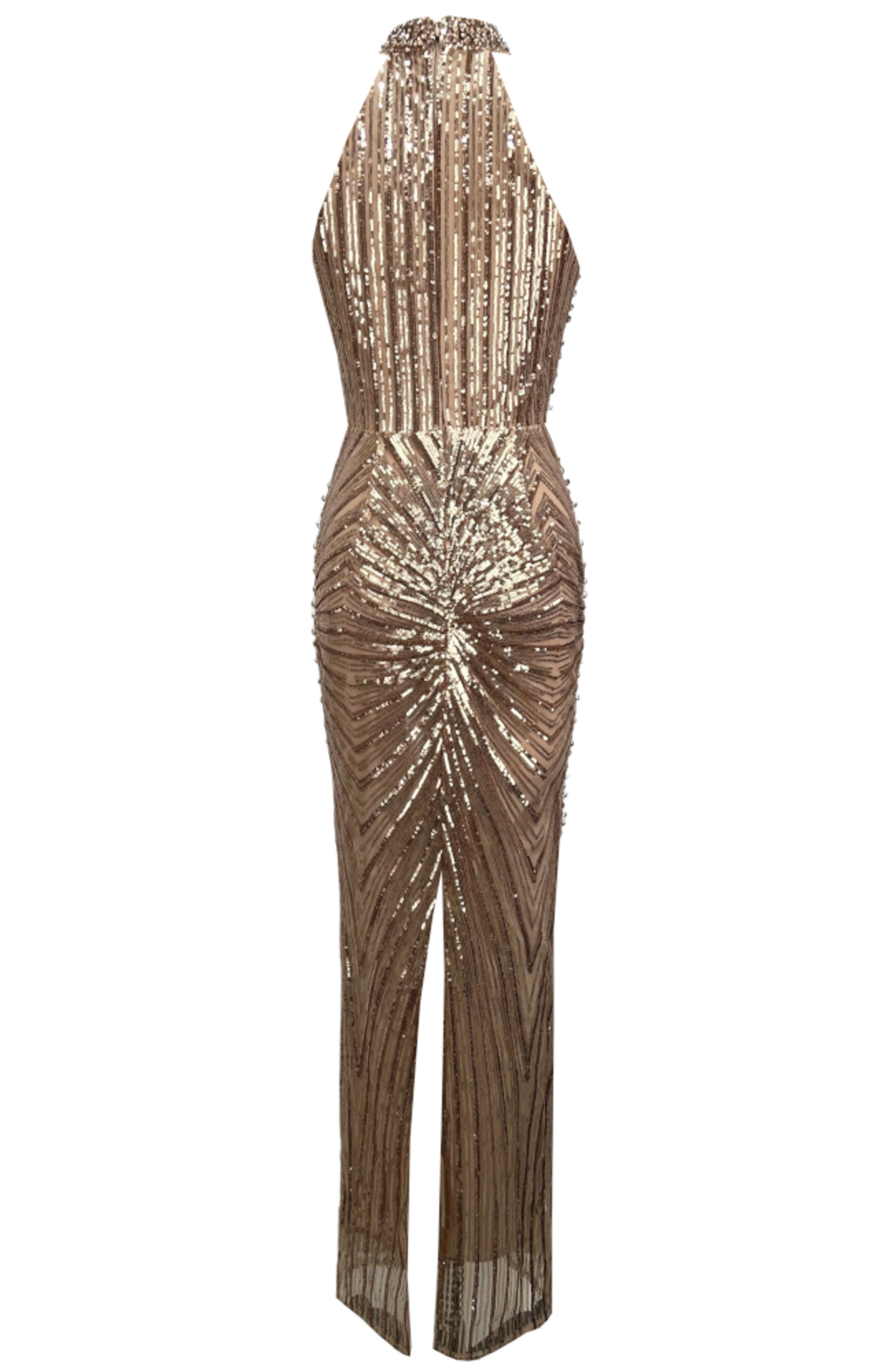 Ogima Halter Crystal Sequin Maxi Dress In Gold
