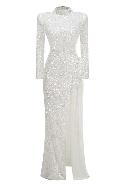 Massimo Pearl Embellished Sequin Maxi Dress In White