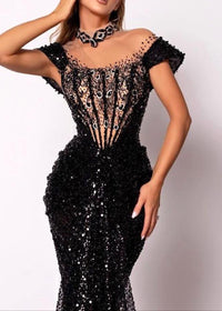 Kaldrex Short Sleeve Sequin Structured Maxi Dress In Black
