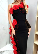 Leilexi One Sleeve Floral Crystal Maxi Dress In Black Red