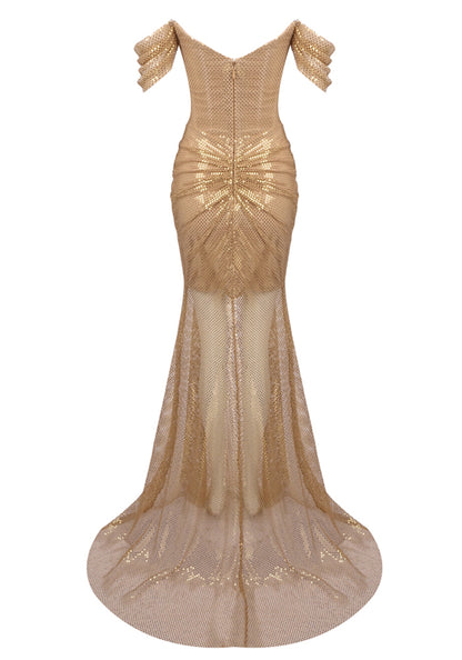 Blissany Draped Sparkly Maxi Dress In Gold