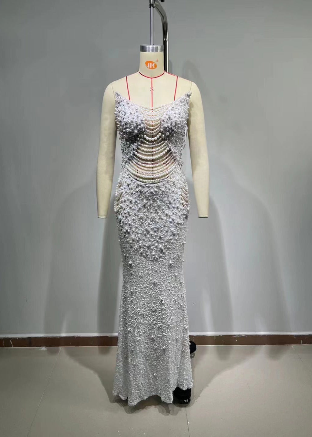 Catlin Strapless Pearl Deep V Neck See-through Mesh Maxi Dress