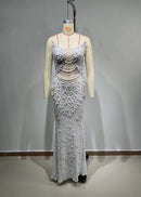 Catlin Strapless Pearl Deep V Neck See-through Mesh Maxi Dress