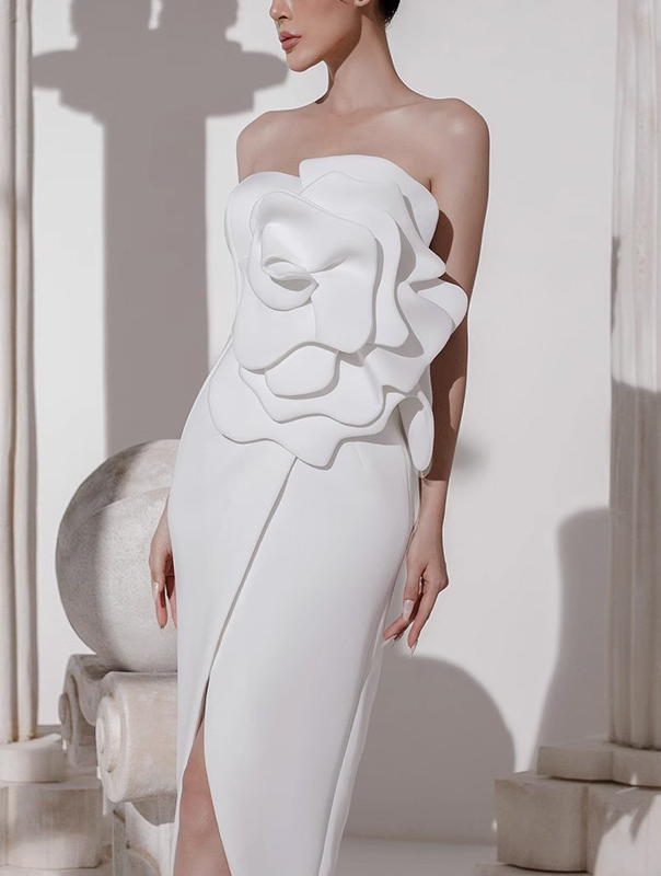 Penrose Strapless Dress With Floral Embellishments In White