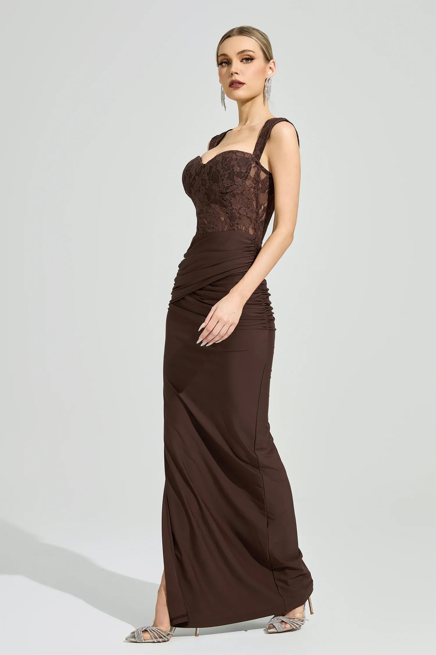 Luxyvar Lace Bustier Draped Maxi Dress In Brown