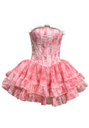 Hexor Strapless Floral Bow Ruffle Three Piece Dress In Pink