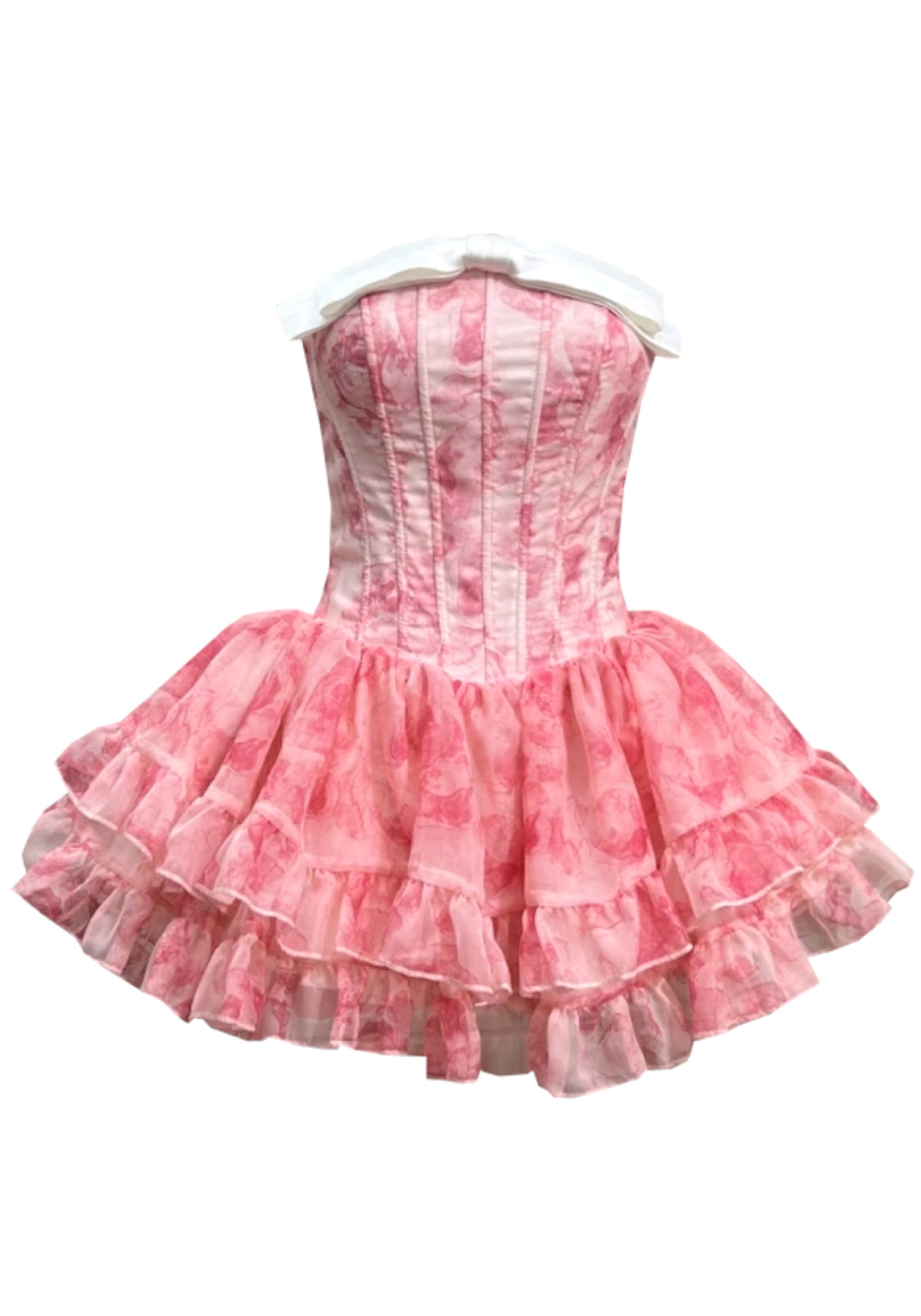 Hexor Strapless Floral Bow Ruffle Three Piece Dress In Pink