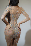 Finnick Long Sleeve Rhinestone Maxi Dress In Nude