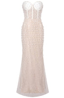 Pagan Strapless Pearl Sequin Corset Maxi Dress In Nude