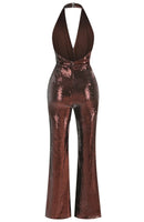 Lizbeth Halter Draped Sequin Jumpsuit In Brown
