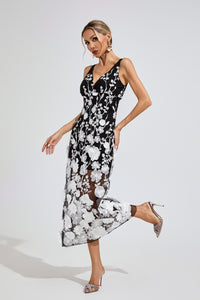 Plythar Ture Black Mesh Print Floral Dress