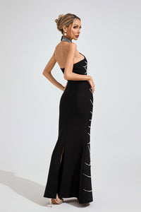 Malati Pearl Halter Bandage Maxi Dress In Black