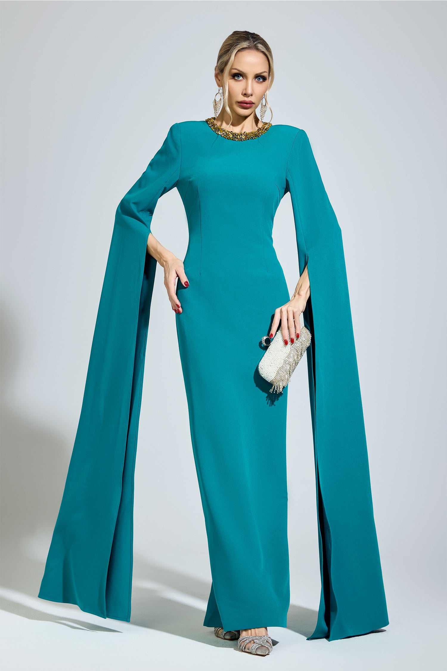 Ovarion Green Dragging Sleeve Maxi Dress