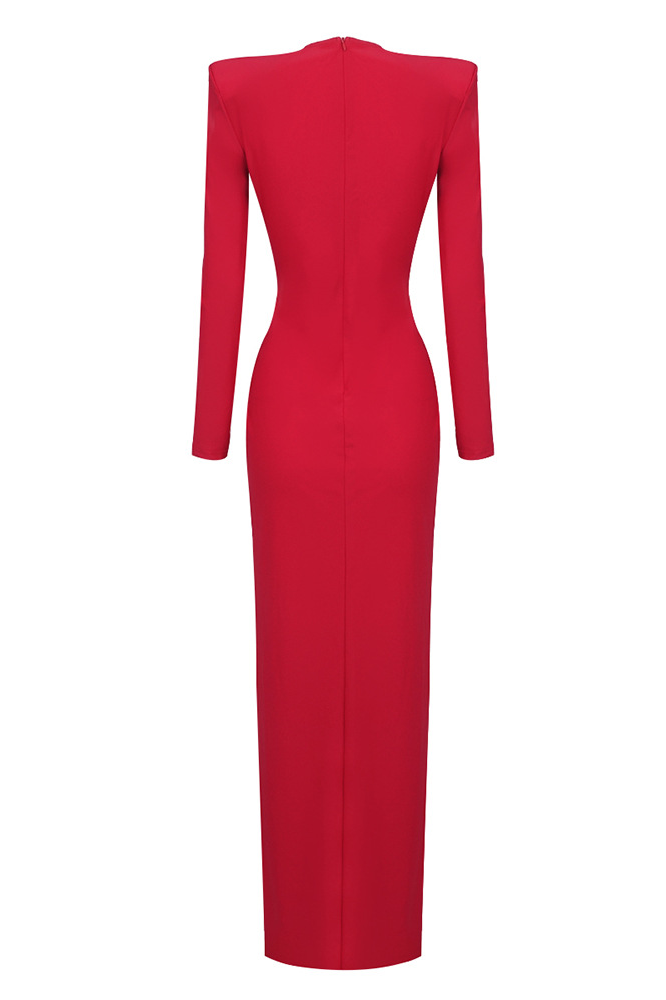 Furly Long Sleeve Ring V-Neck Maxi Dress In Red