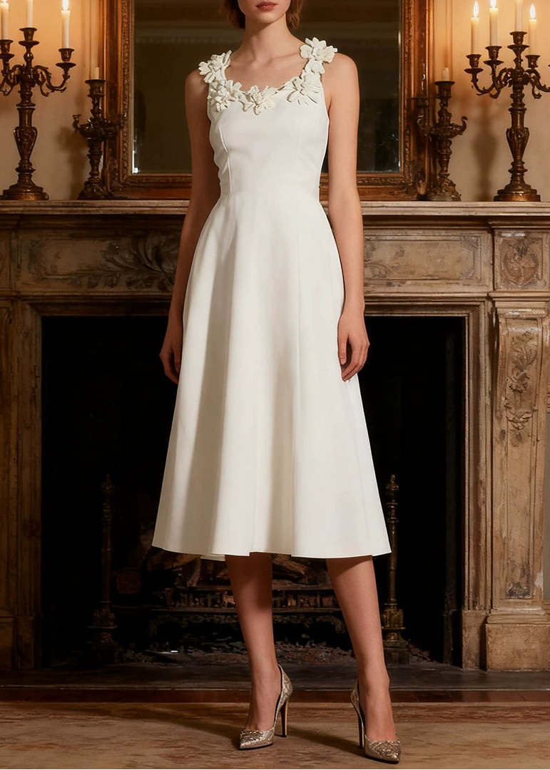 Grabrola Floral Neckline A Line Midi Dress In White