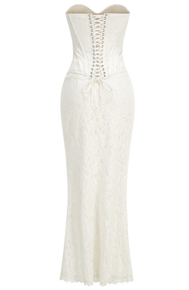 Fareed Strapless Lace Corset Two Piece Maxi Dress In White