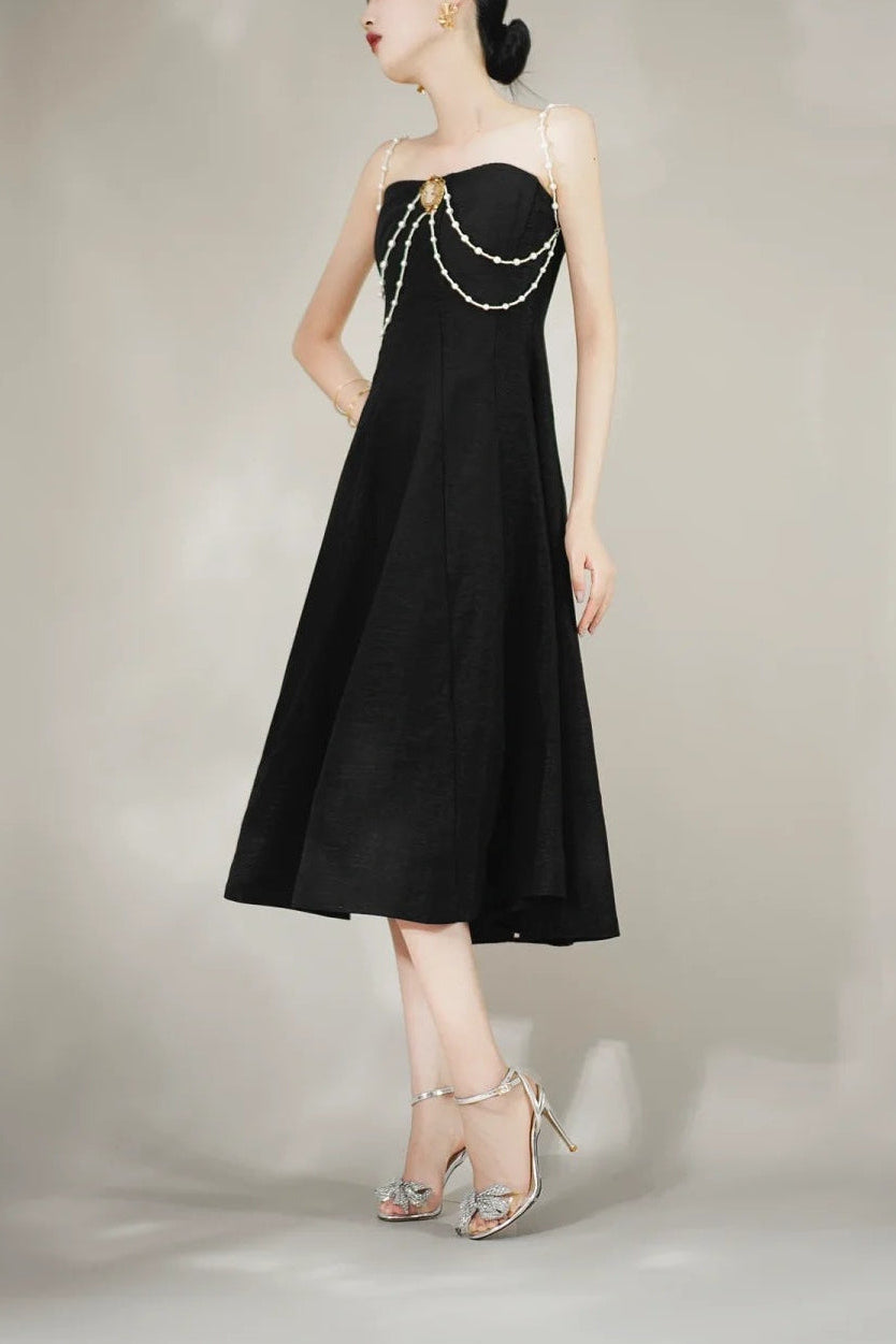 Ashur Pearl Detail A Line Midi Dress In Black
