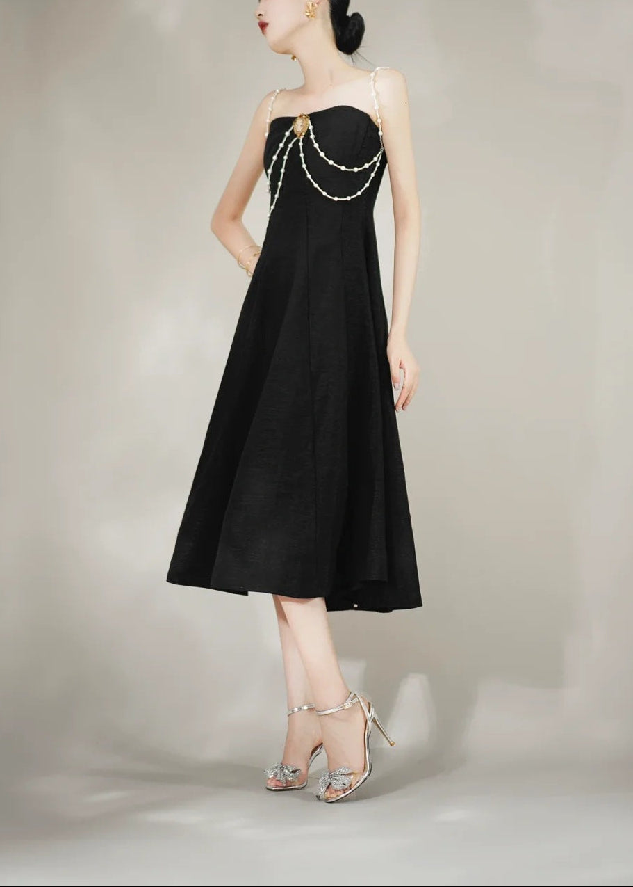 Ashur Pearl Detail A Line Midi Dress In Black