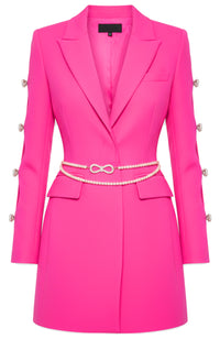 Syriel Long Sleeve Pearl Crystal Bow Blazer Mini Dress In Pink