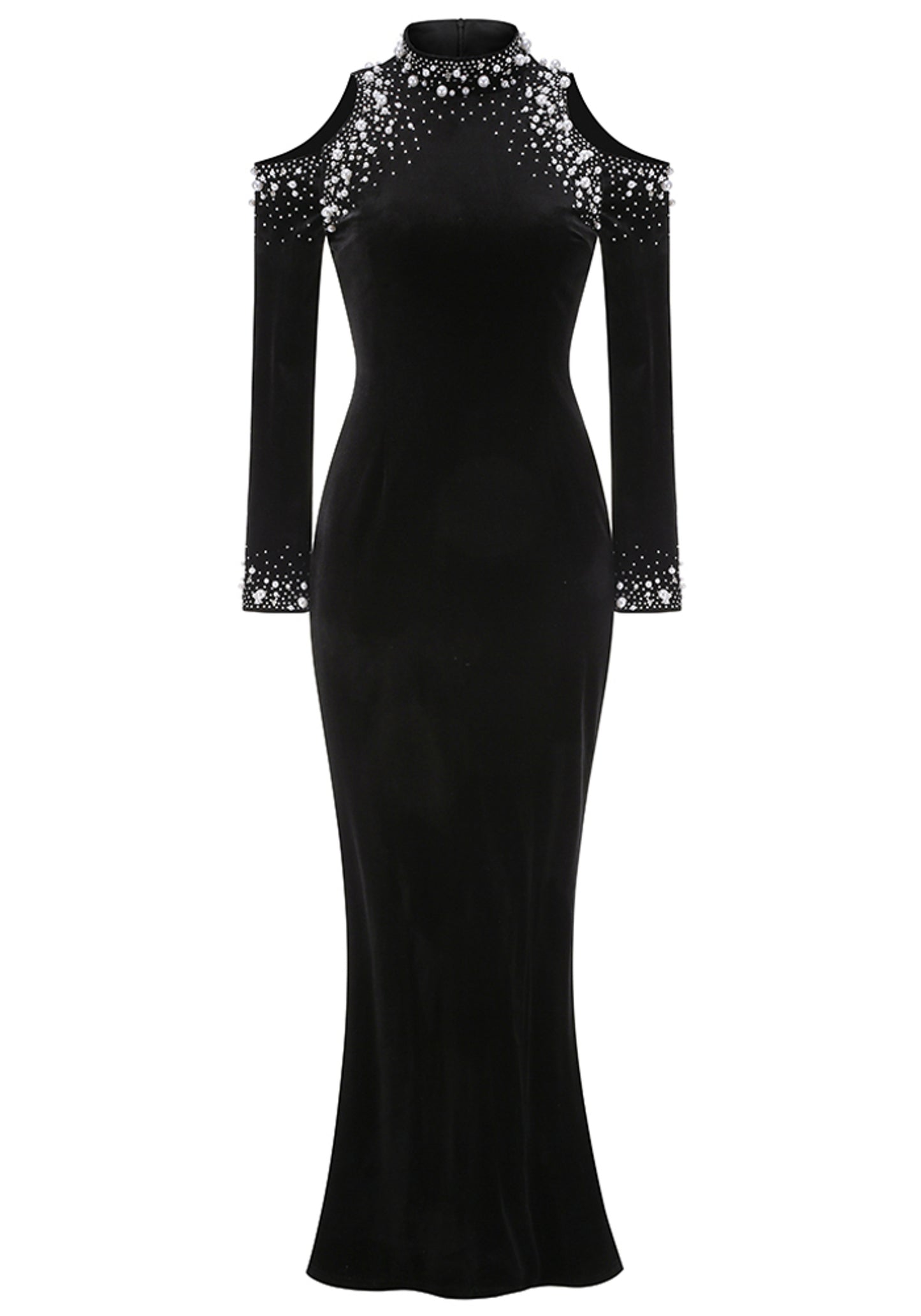 Bly Long Sleeve Pearl Crystal Maxi Velvet Dress In Black