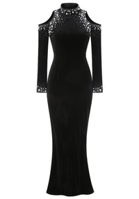 Bly Long Sleeve Pearl Crystal Maxi Velvet Dress In Black