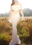 Geyeron Long Sleeve Draped Bardot Maxi Dress In Ivory