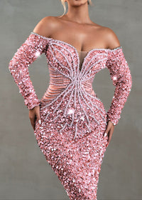 Arlyn Long Sleeve Bardot Crystal Sequin Maxi Dress In Pink