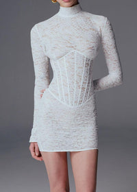 Yxalira Lace Jacquard Fishbone Bodycon Mini Dress In White