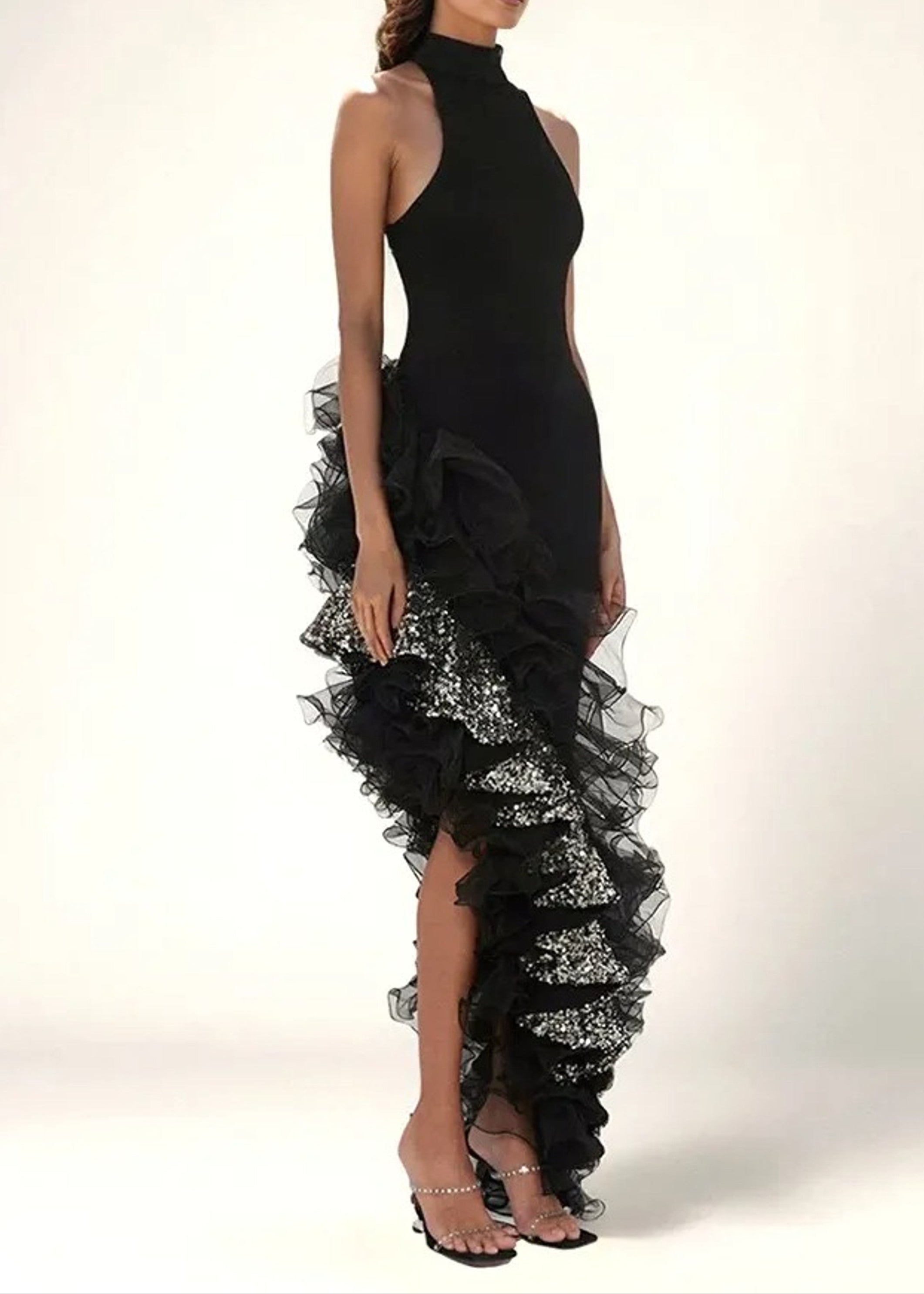 Haelin Sequin Ruffle Maxi Dress In Black