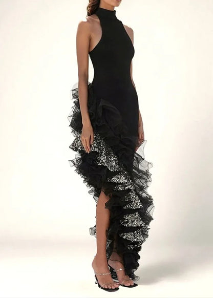 Haelin Sequin Ruffle Maxi Dress In Black
