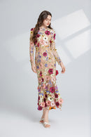 Thalvix Floral Embroidery Mesh Long Sleeve Midi Dress In Apricot