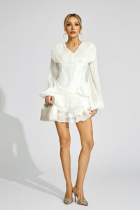 Aislyn 3D Flower Ruffle Trim Mini Dress In White