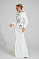 Romaine Long Sleeve Embellished Floral Detail Maxi Dress In White