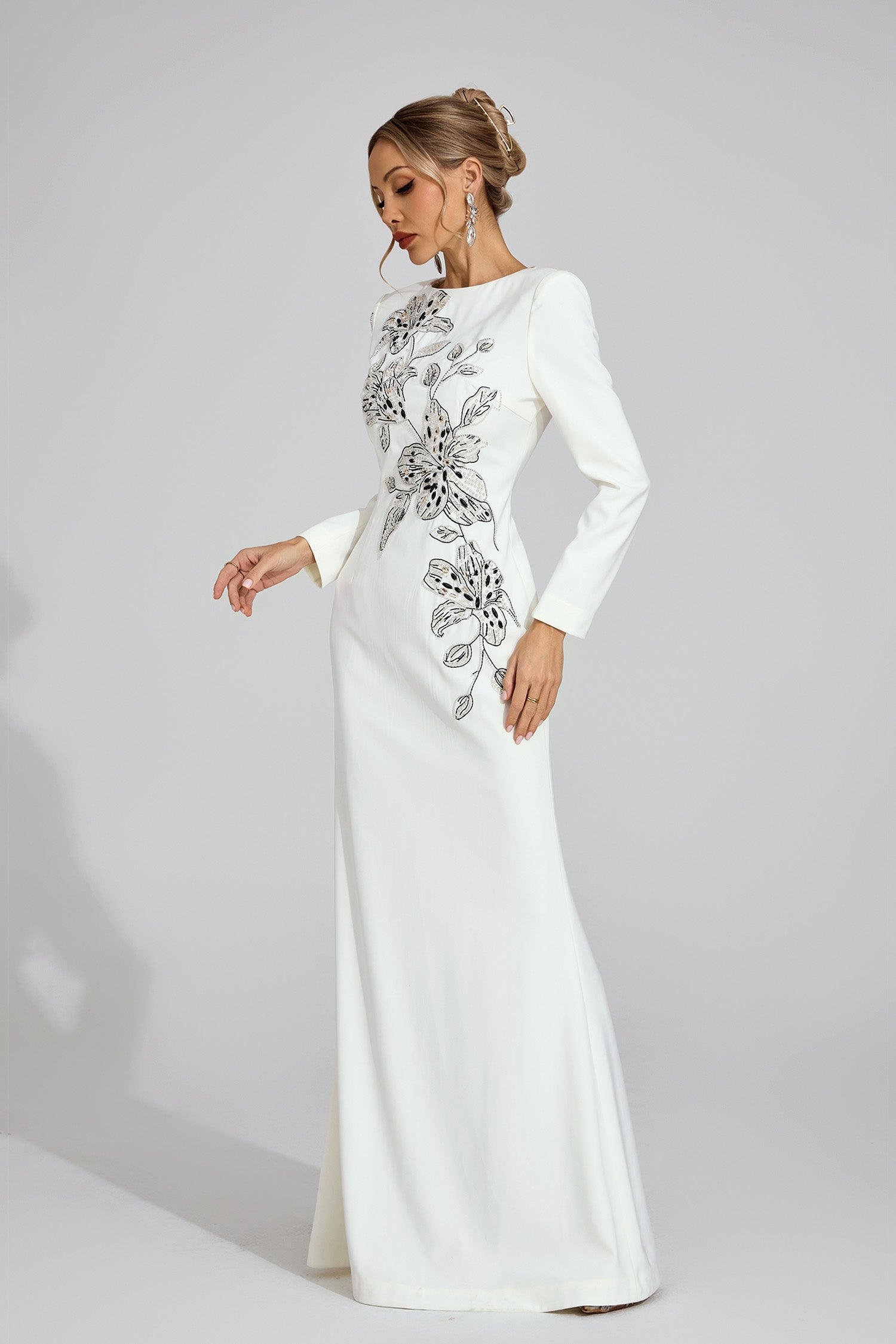 Romaine Long Sleeve Embellished Floral Detail Maxi Dress In White