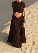 Farrux Draped Mesh A Line Maxi Dress In Brown