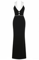 Reyra Halter Lapel Collar Maxi Dress In Black White