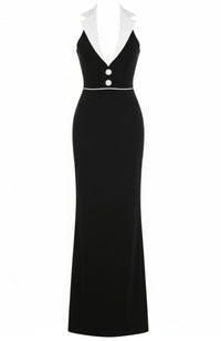 Reyra Halter Lapel Collar Maxi Dress In Black White