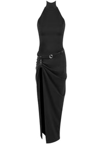 Azzin Halter Belt Draped Maxi Dress In Black