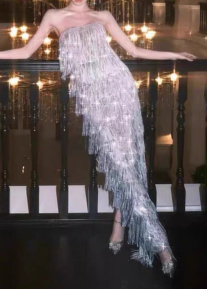 Solvan Strapless Sequin Fringe Midi Dress