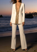 Ronaele ong Sleeve Embellished Neckline Suit In White